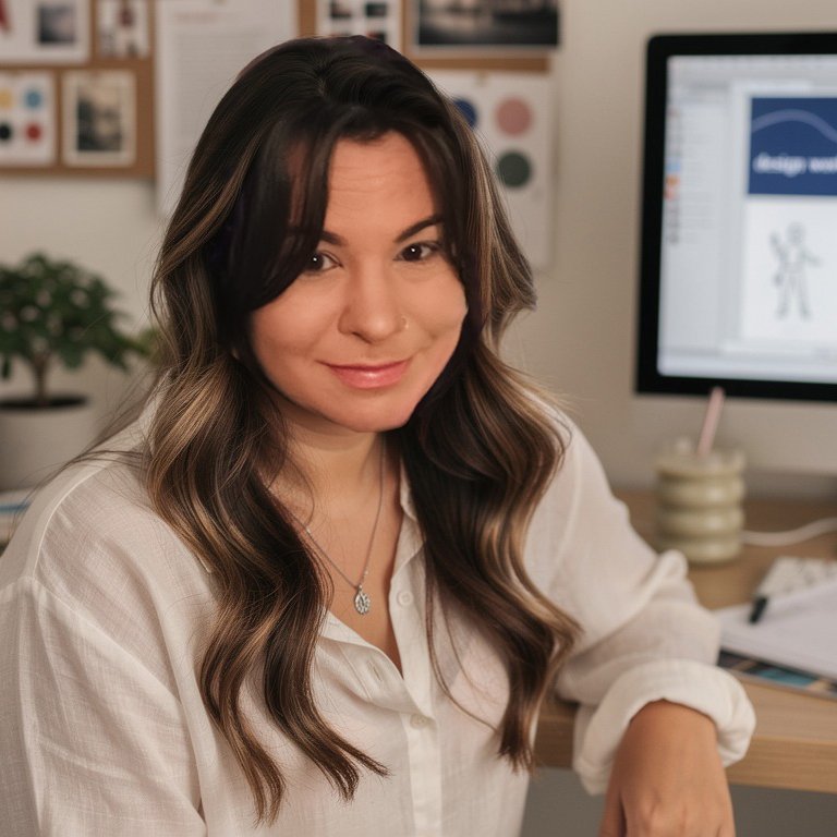 Jackie Blum, brand identity designer and creative director, working in her home office studio - approachable freelance graphic designer specializing in brand development and creative strategy